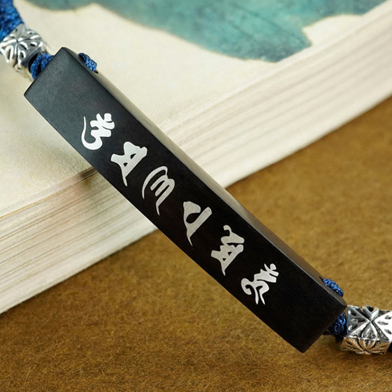 Buddhism Six True Words Wood Ebony Wood Silver Inlaid Protection Bracelet