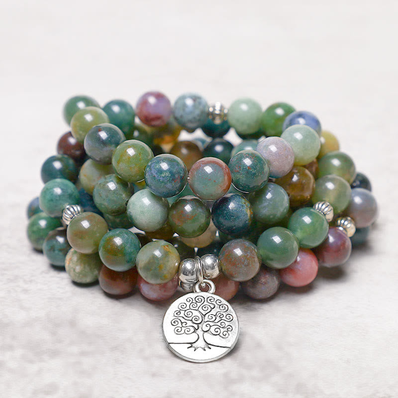 108 Mala Beads Indian Agate Lotus OM Tree of life Positive Calm Bracelet