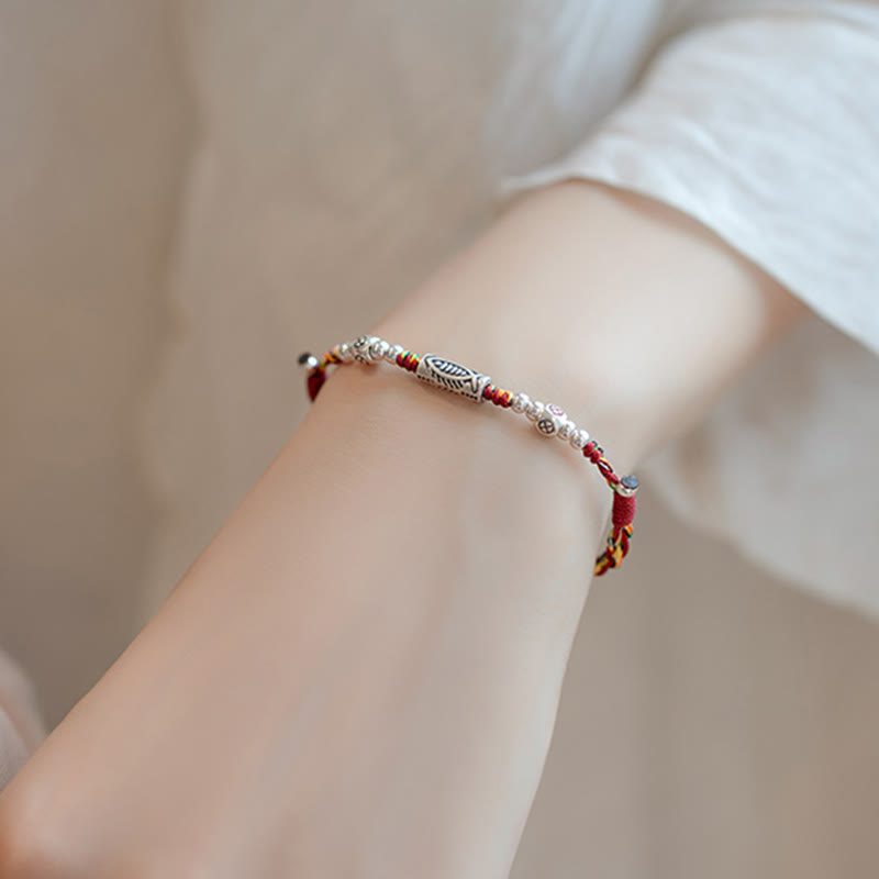 925 Sterling Silver Luck Koi Fish Braided Colorful String Bracelet Anklet