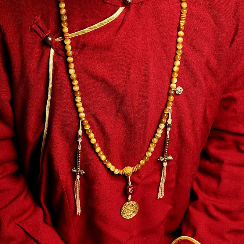 108 Mala Beads Natural Tiger Eye Copper Dorje Protection Tassel Bracelet