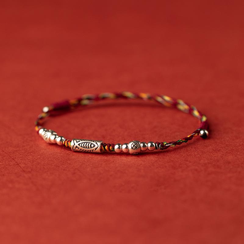 925 Sterling Silver Luck Koi Fish Braided Colorful String Bracelet Anklet