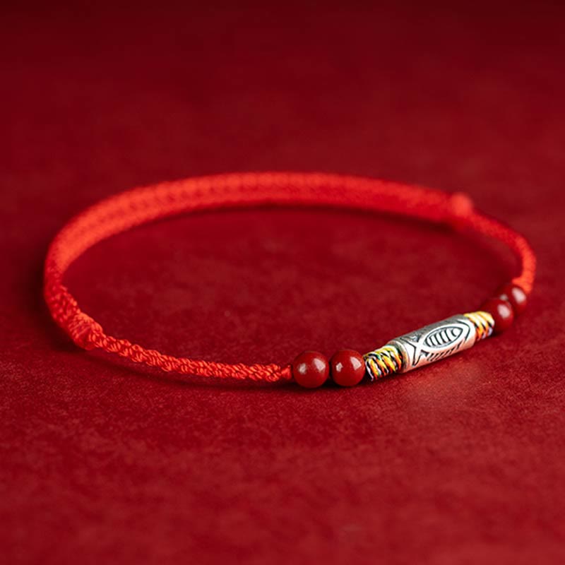 925 Sterling Silver Koi Fish Cinnabar Bead Wealth Handcrafted Braided Bracelet Anklet