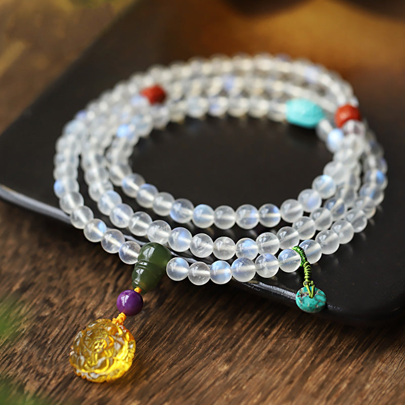 108 Mala Beads Moonstone Amber Lotus Turquoise Crystal Bracelet