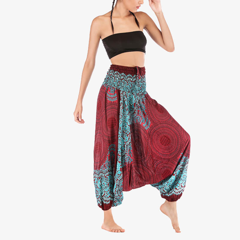 Two Style Wear Round Geometric Pattern Loose Smocked Harem Trousers Jumpsuit High Waist Women's Yoga Pants