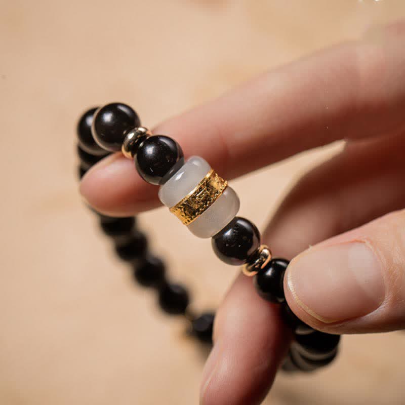 Black Obsidian Jade Om Mani Padme Hum Strength Couple Magnetic Bracelet