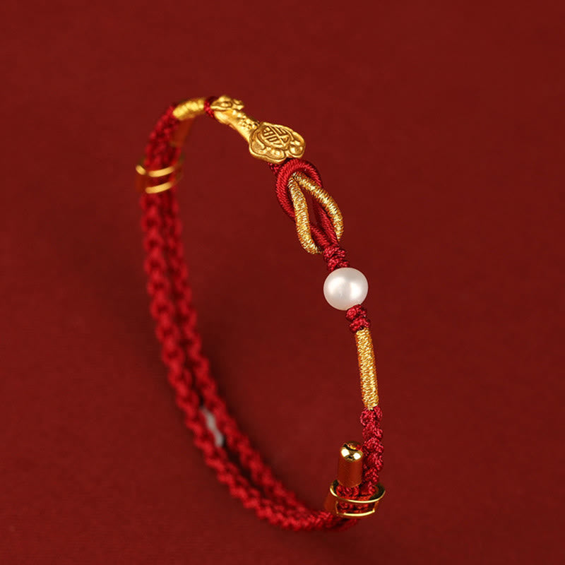 24K Gold Wish Ruyi Handle Fu Character Rabbit Pearl Luck Braided Bracelet