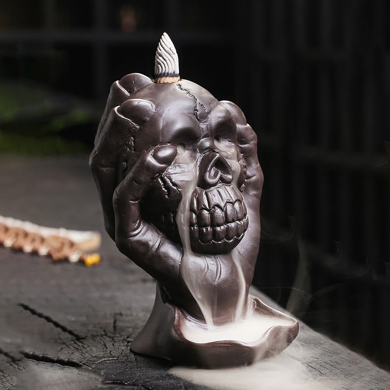 Halloween Skull With Ghost Hand Purple Clay Spiritual Incense Burner Decoration