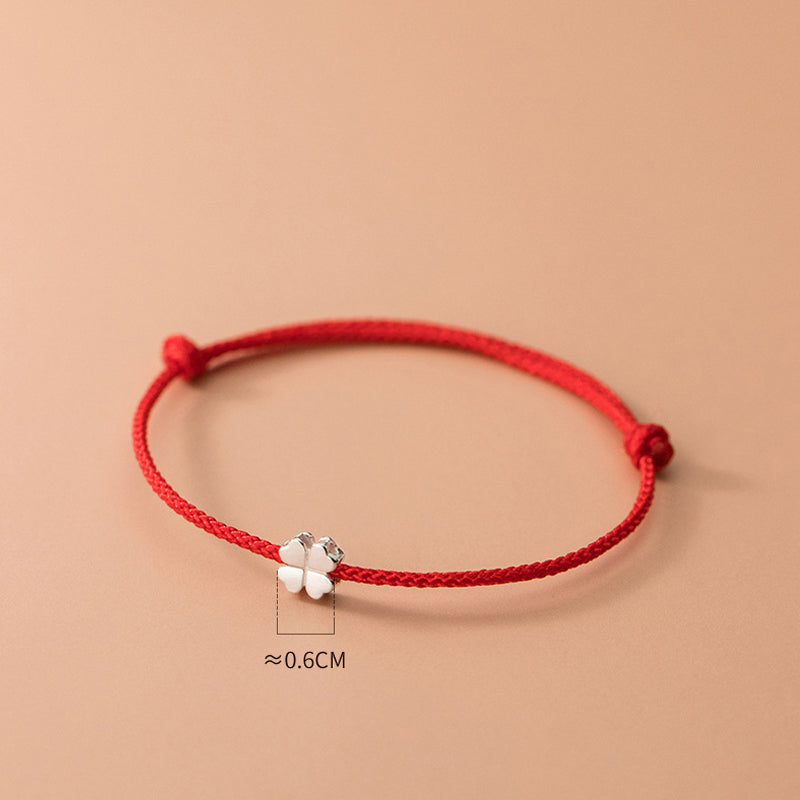 925 Sterling Silver Four Leaf Clover Red Rope Bracelet