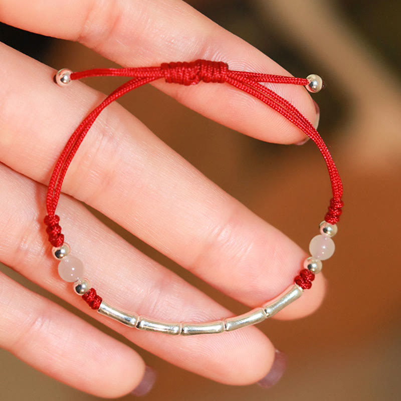 925 Sterling Silver Bamboo White Agate Red Agate Bead Protection String Braided Bracelet