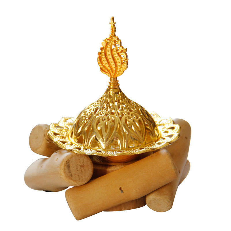 Gold Alloy Mini Incense Burner With Wooden Coaster Home Decor