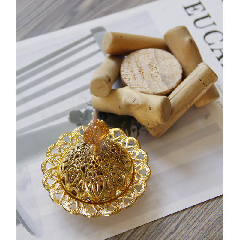 Gold Alloy Mini Incense Burner With Wooden Coaster Home Decor