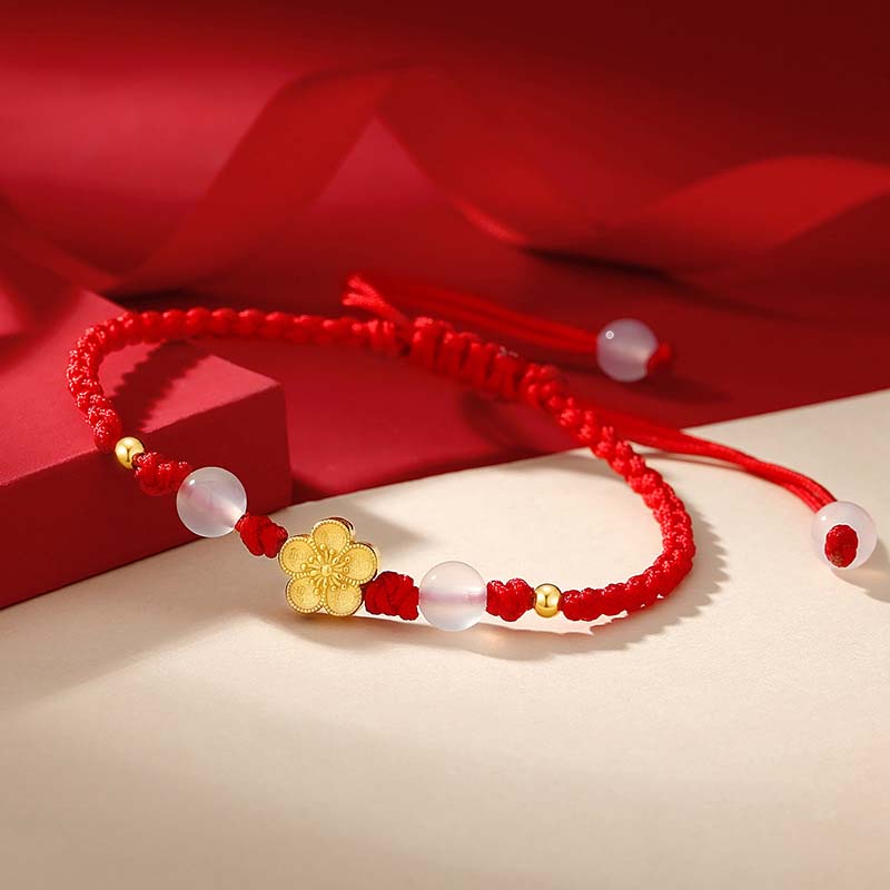 Handmade 925 Sterling Silver Peach Blossom Cherry Sakura Chalcedony Bead Luck Red Rope Bracelet