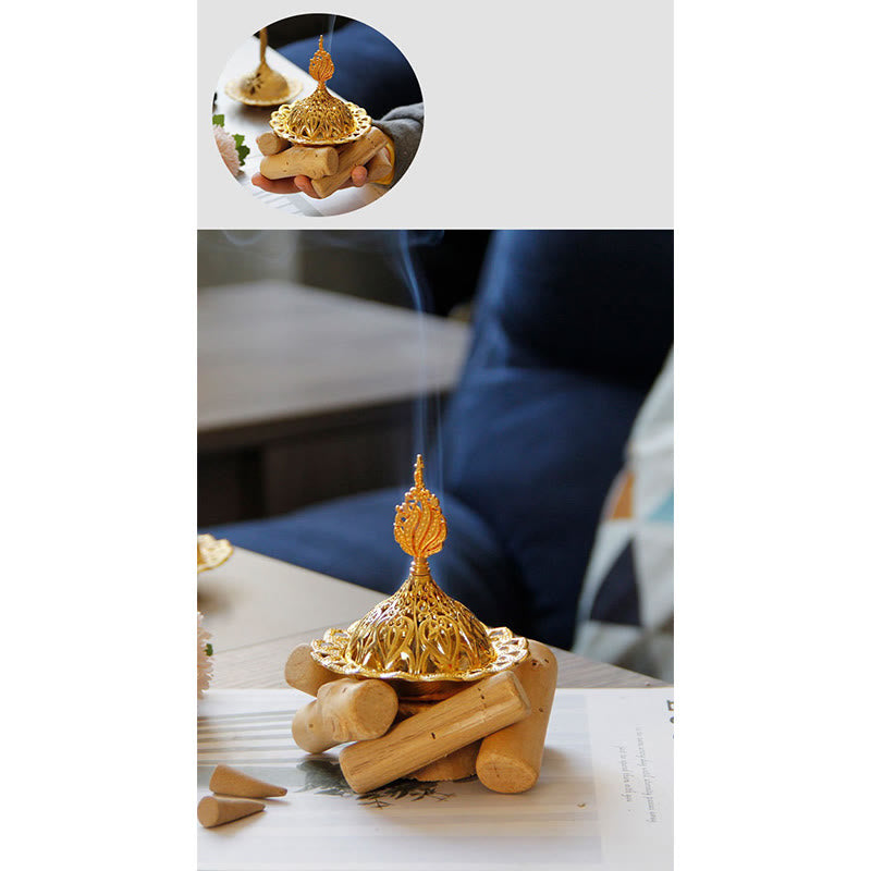 Gold Alloy Mini Incense Burner With Wooden Coaster Home Decor