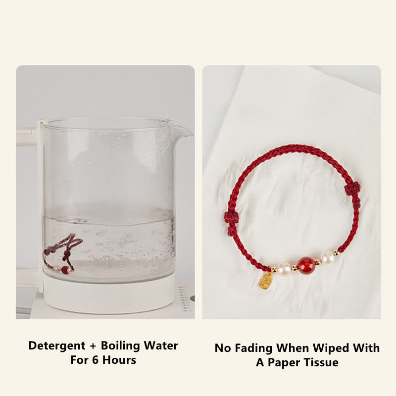 925 Sterling Silver Good Fortune Fu Character Agate Pearl Red String Braid Bracelet