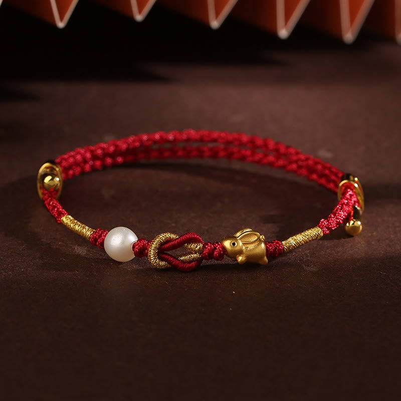 24K Gold Wish Ruyi Handle Fu Character Rabbit Pearl Luck Braided Bracelet