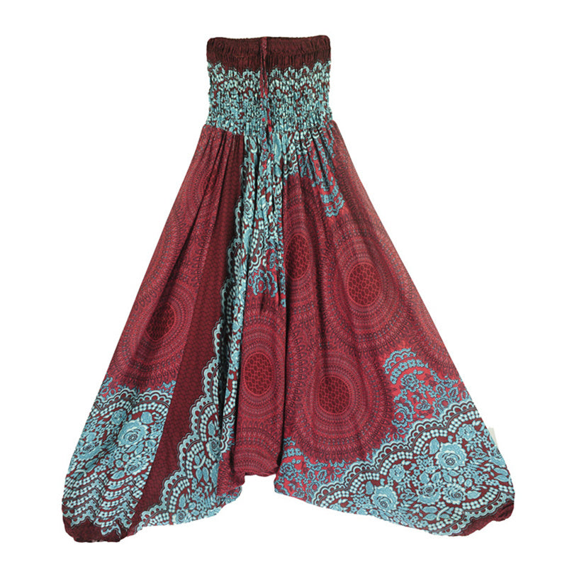 Two Style Wear Round Geometric Pattern Loose Smocked Harem Trousers Jumpsuit High Waist Women's Yoga Pants