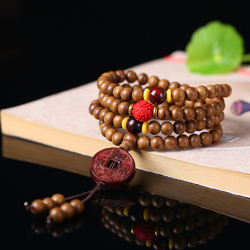 108 Mala Beads Peach Wood Bodhi Seed Lotus Prayer Meditation Bracelet