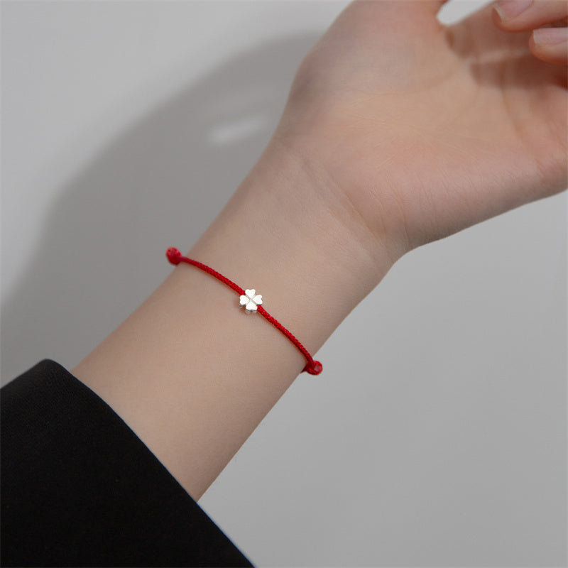 925 Sterling Silver Four Leaf Clover Red Rope Bracelet