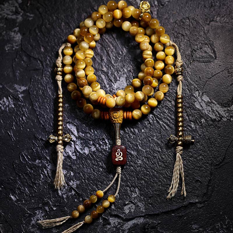 108 Mala Beads Natural Tiger Eye Copper Dorje Protection Tassel Bracelet