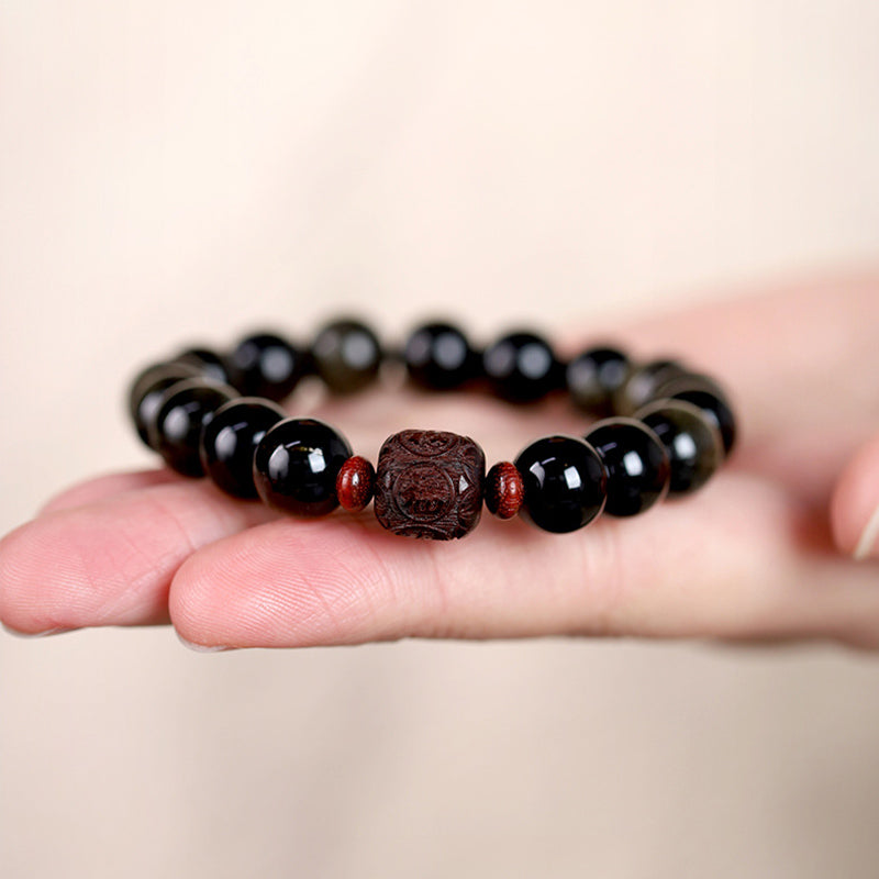 Natural Gold Sheen Obsidian Rainbow Obsidian Om Mani Padme Hum Fu Character Bracelet