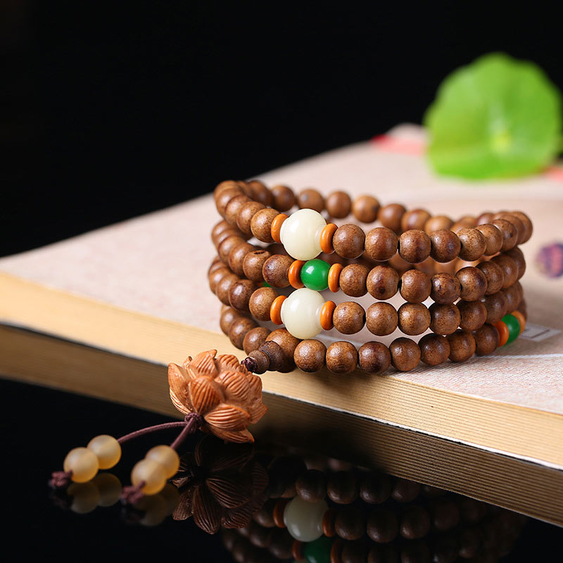 108 Mala Beads Peach Wood Bodhi Seed Lotus Prayer Meditation Bracelet