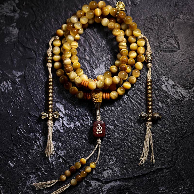 108 Mala Beads Natural Tiger Eye Copper Dorje Protection Tassel Bracelet