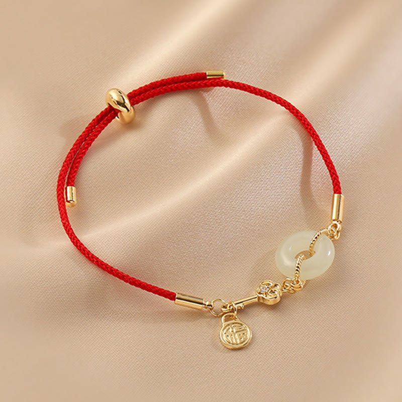 18K Gold Plated Hetian Jade Peace Buckle Fu Character Luck Red Rope Bracelet