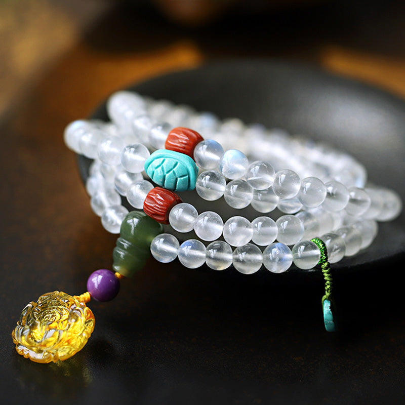 108 Mala Beads Moonstone Amber Lotus Turquoise Crystal Bracelet
