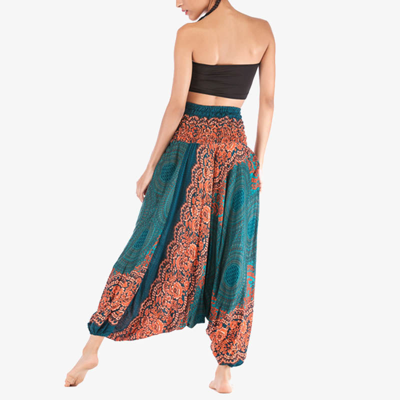 Two Style Wear Round Geometric Pattern Loose Smocked Harem Trousers Jumpsuit High Waist Women's Yoga Pants