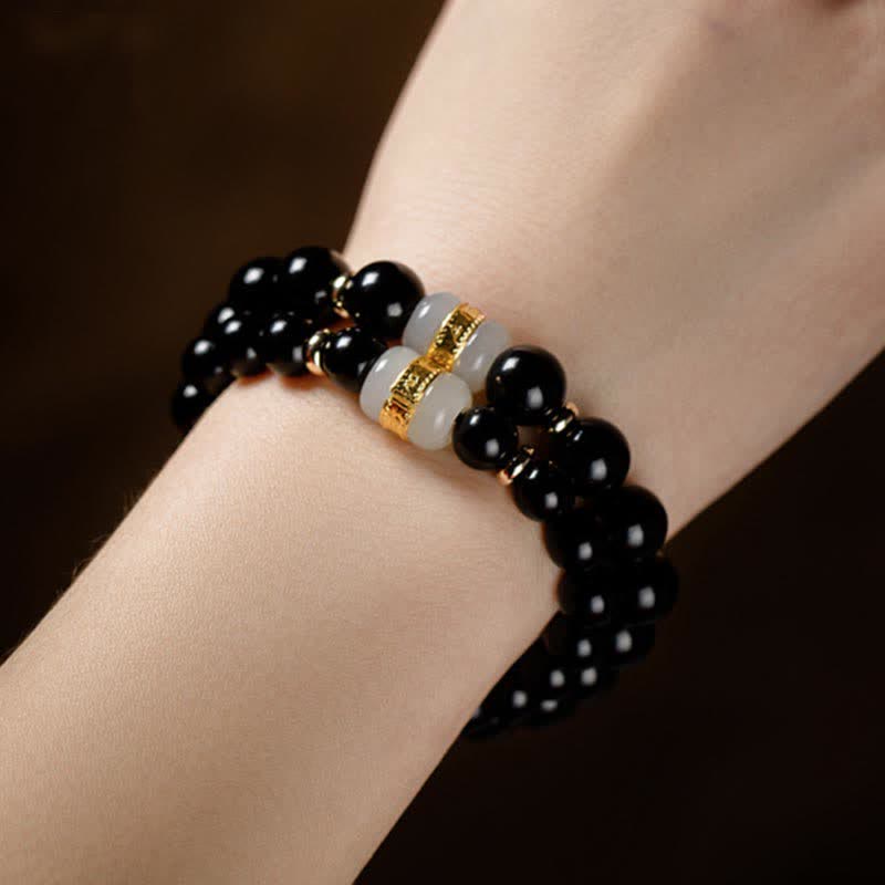 Black Obsidian Jade Om Mani Padme Hum Strength Couple Magnetic Bracelet