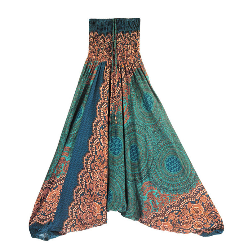 Two Style Wear Round Geometric Pattern Loose Smocked Harem Trousers Jumpsuit High Waist Women's Yoga Pants