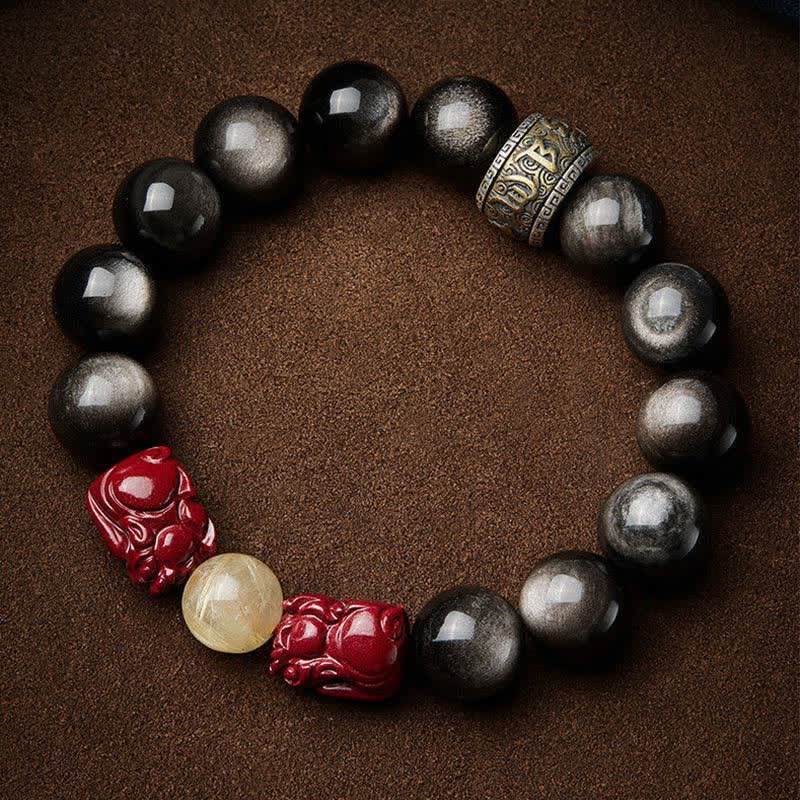 Gold Sheen Obsidian PiXiu Cinnabar Om Mani Padme Hum Protection Bracelet