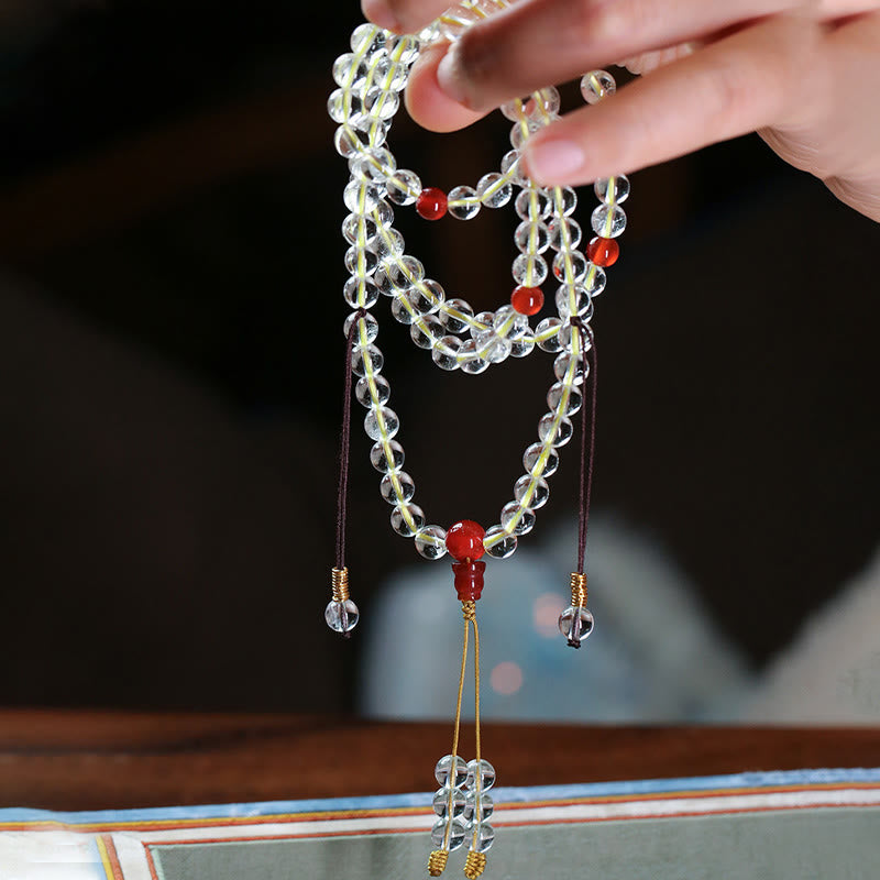 108 Mala Beads 925 Sterling Silver Natural White Agate Red Agate Quadruple Wrap Protection Bracelet