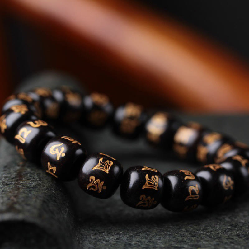 Tibetan Ebony Wood Om Mani Padme Hum Engraved Peace Bracelet