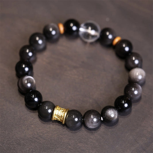 Natural Silver Sheen Obsidian Crystal Om Mani Padme Hum Bead Protection Bracelet