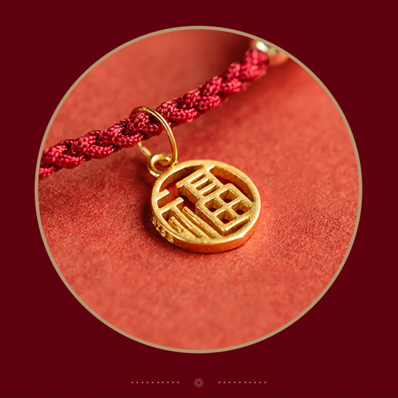 925 Sterling Silver Good Fortune Fu Character Agate Pearl Red String Braid Bracelet