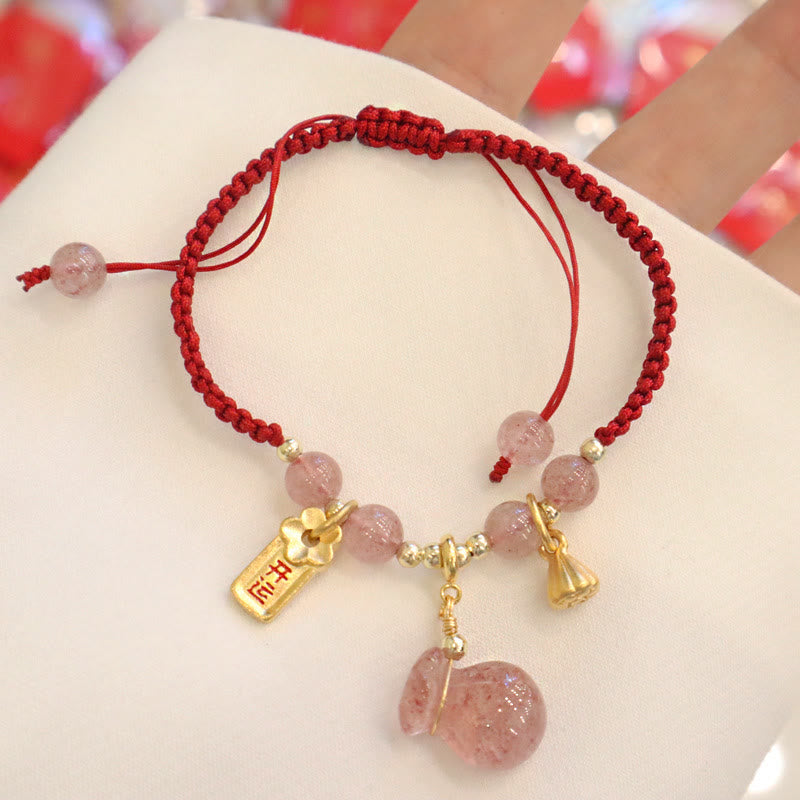 Natural Strawberry Quartz Money Bag Lotus Charm Red String Braided Bracelet