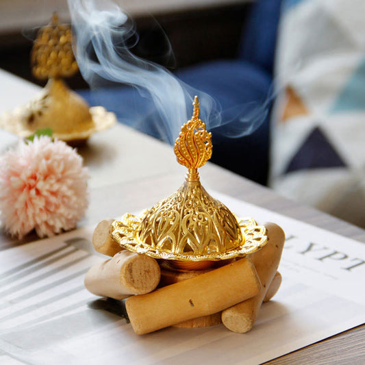 Gold Alloy Mini Incense Burner With Wooden Coaster Home Decor