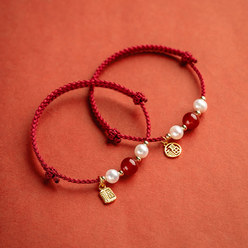 925 Sterling Silver Good Fortune Fu Character Agate Pearl Red String Braid Bracelet