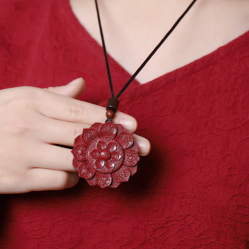 Natural Cinnabar Lotus Om Mani Padme Hum Blessing Necklace String Pendant