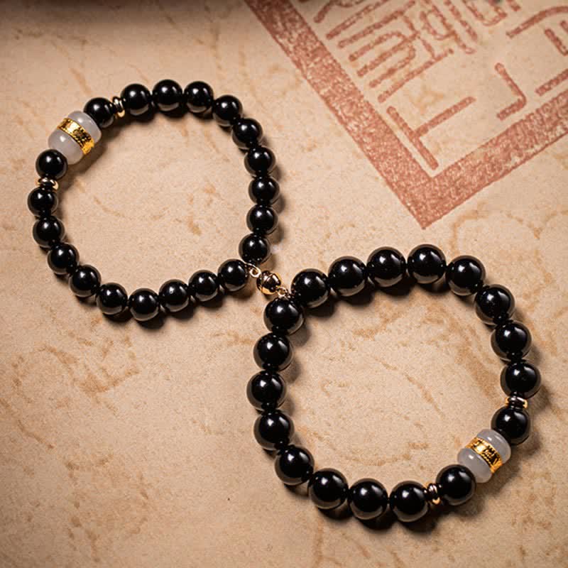 Black Obsidian Jade Om Mani Padme Hum Strength Couple Magnetic Bracelet