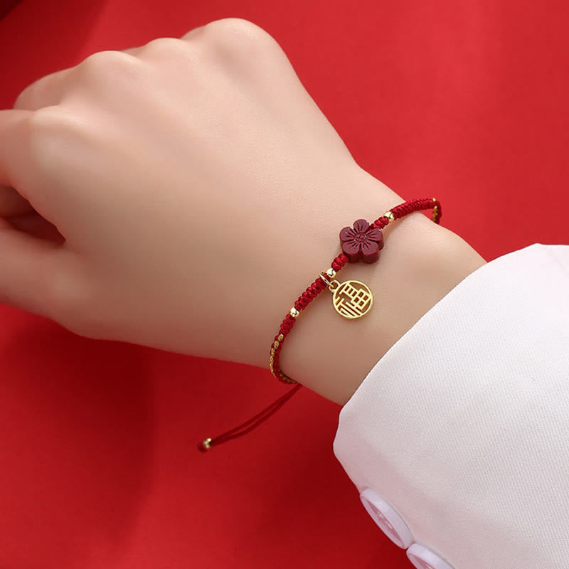 Cinnabar Flower Fu Character Blessing Braided String Bracelet