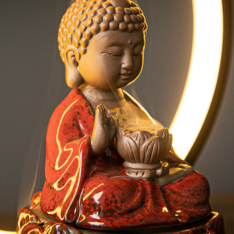 Buddha Lotus Backflow Smoke Fountain Ceramic Blessing Incense Burner With Light Decoration