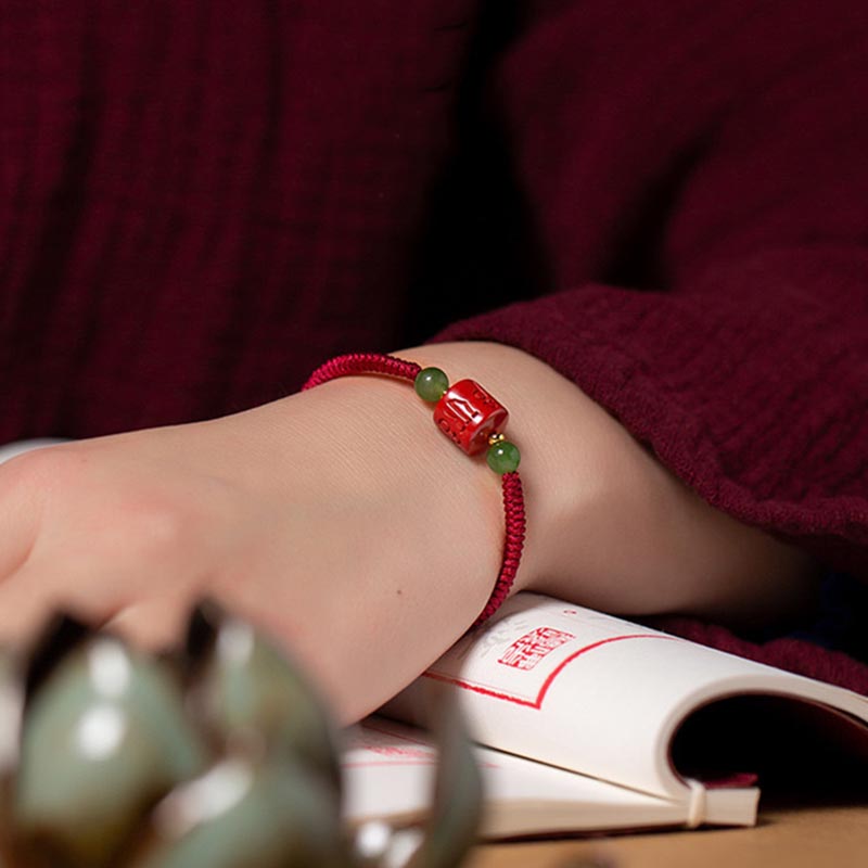 Tibetan Cinnabar Om Mani Padme Hum Engraved Blessing Braided Rope Bracelet