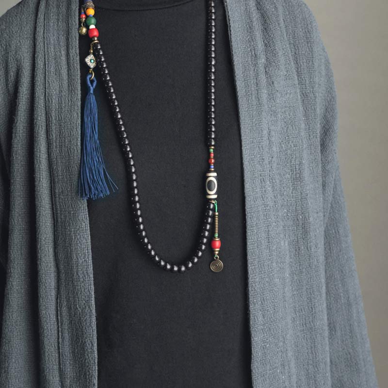 108 Beads Mala Ebony Wood Dzi Bead Copper Balance Tassel Bracelet