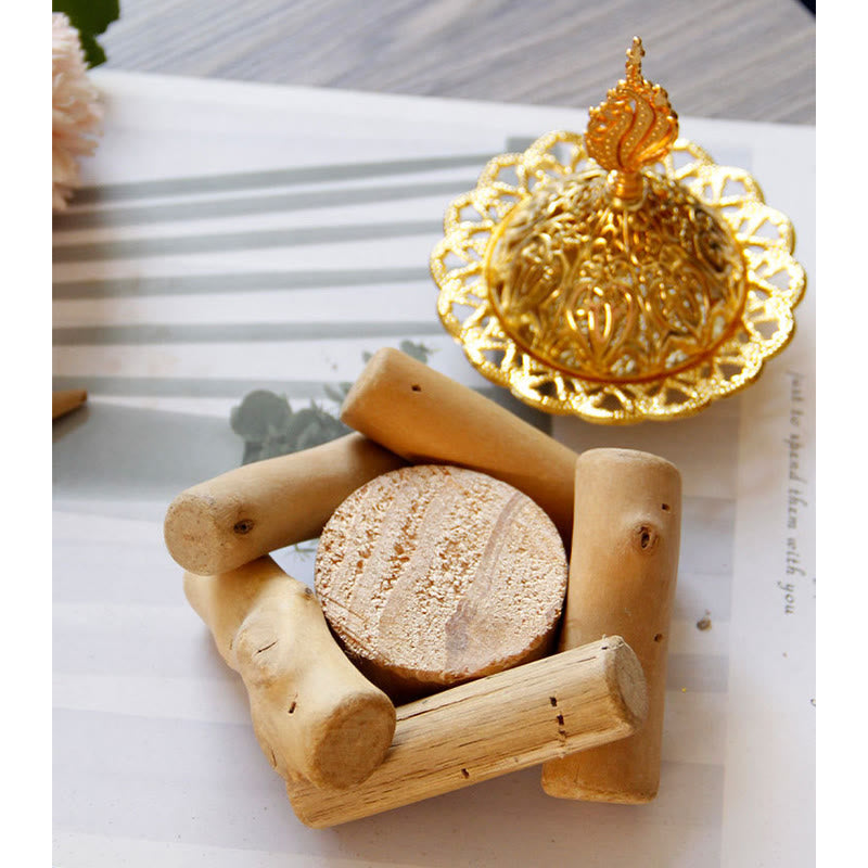 Gold Alloy Mini Incense Burner With Wooden Coaster Home Decor