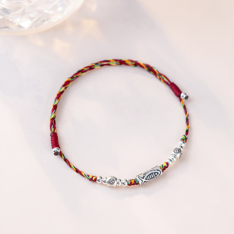925 Sterling Silver Luck Koi Fish Braided Colorful String Bracelet Anklet