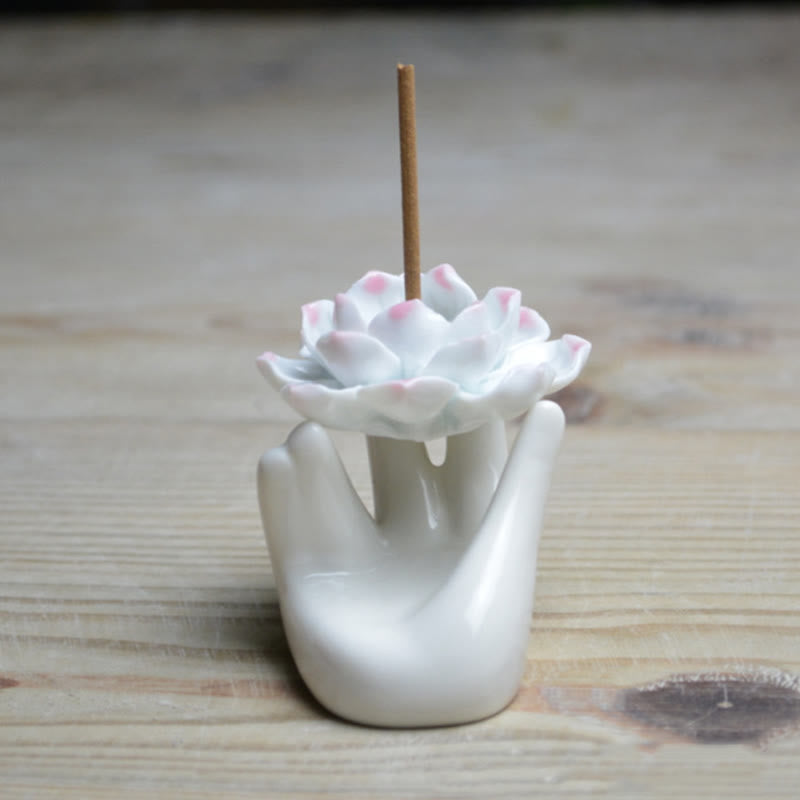 Small Ceramic Lotus Hand Meditation Incense Burner Decoration