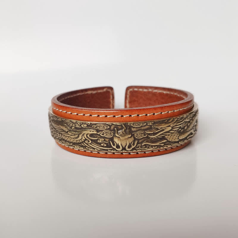 2Pcs Om Mani Padme Hum Dragon Phoenix Copper Leather Peace Cuff Bracelet Bangle