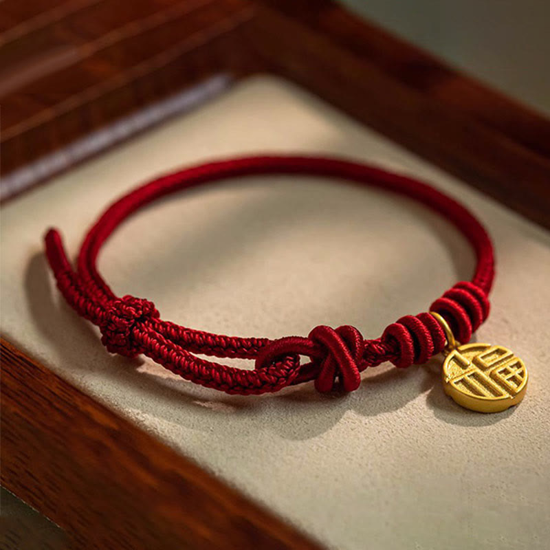 Handmade Eight Thread Peace Knot Fu Character Charm Luck Happiness Red Rope Bracelet